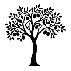 Stylized Mango Tree Silhouette With Fruit Hanging From Branches Against White Background