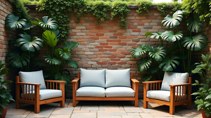 Light wooden sofa and armchairs with blue cushions set against rustic brick wall and lush green monstera leaves