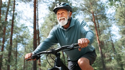 Fototapeta premium Senior man enjoys riding his mountain bike through lush forest, showcasing his adventurous spirit and love for nature. vibrant greenery surrounds him, creating serene atmosphere