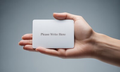 Blank card held in hand against a grey background