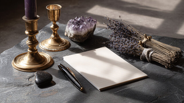 Witch altar with vintage candle holders, amethyst, lavender bundles, and ritual writing setup — flat lay in warm light for spell work or manifestation journaling concept