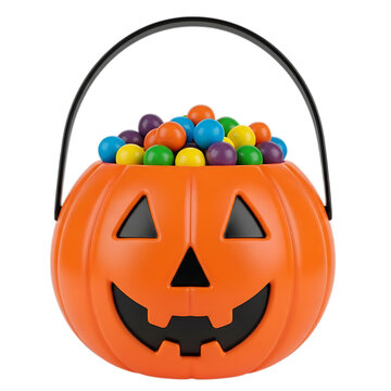 Halloween Pumpkin Candy Bucket: Colorful Candies, 3D Render, Festive Mood
