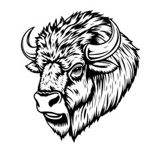 Head of a bison in bold line-art engraving style.