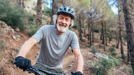 Elderly man riding mountain bike through forest trail, smiling and enjoying nature. scene captures joy of outdoor activity and beauty of natural environment