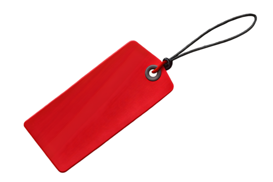 Red label tag with black string isolated on transparent background PNG icon isolated with transparent background - Powered by Adobe