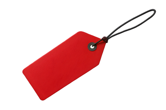 Red label tag with black string isolated on transparent background PNG icon isolated with transparent background