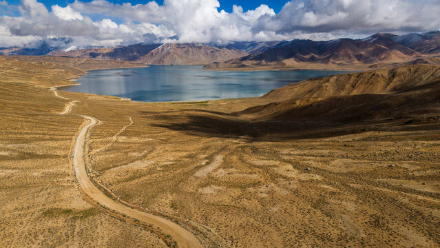 aerial view of Yashilkul lake in Gorno Badakhshan Autonomous Province, Tajikistan Pamir highway Mountain scenic landscape Bulunkul village Central Asia 