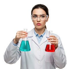 Fototapeta premium A female scientist examines colorful liquids in flasks, in a laboratory setting.