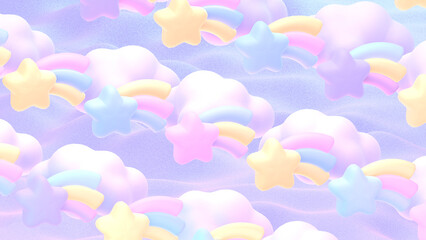 3D render cartoon rainbow comet stars and clouds on glitter wave.