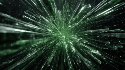 Abstract green crystal shards radiate outward against a dark background, creating a dynamic, explosive visual effect.
