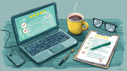An overhead view of a laptop and coffee cup on a desk, screen displaying customer review form with glo