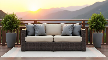 Outdoor lounge with modern wicker sofa, white rug and mountain view under pastel sky
