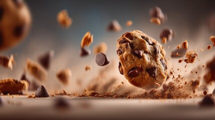 Obraz premium Chocolate chip cookie crumbles mid-air, chips and crumbs scattered