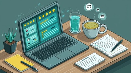 An overhead view of a laptop and coffee cup on a desk, screen displaying customer review form with glo