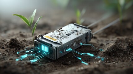 Photorealistic image of a smart agriculture sensor in soil, close-up view with moisture levels and data signals visible around it