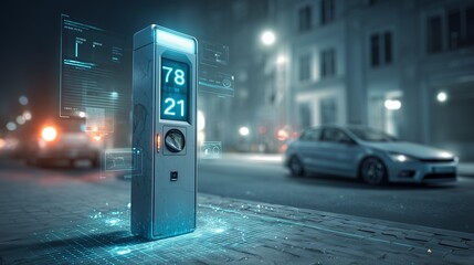 Tight shot of a smart city parking meter, real-time availability display glowing, with IoT grid graphics lightly blended into scene