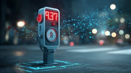 Tight shot of a smart city parking meter, real-time availability display glowing, with IoT grid graphics lightly blended into scene