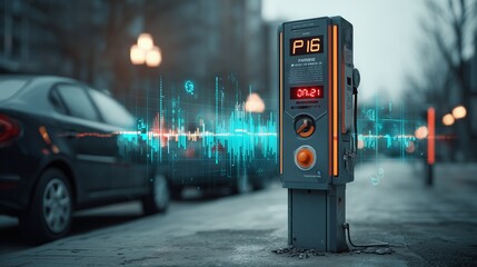 Tight shot of a smart city parking meter, real-time availability display glowing, with IoT grid graphics lightly blended into scene
