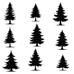 Collection Of Nine Varied Tree Silhouette Vector Illustrations On A White Background