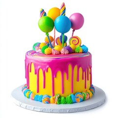 A playful birthday cake featuring a fun drip design with bright neon-colored