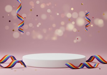 A white podium with rainbow ribbons and stars, perfect for pride celebrations and events.