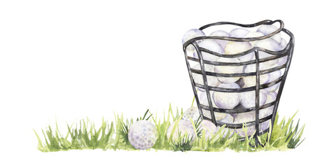 Bucket filled with golf balls on the green grass in watercolor