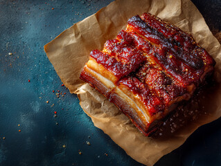 Delicious crispy roasted pork belly with spices served on parchment paper