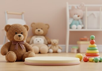 A charming teddy bear in a nursery setting with colorful toys and a wooden display podium.