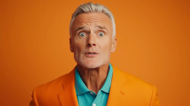 Surprised Mature Man in Bright Orange Jacket Against Colorful Background
