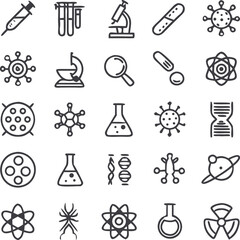 Fototapeta premium Microbiology & Lab Science Line Icon Set | Adjustable Line Weight | yringe, test tubes rack, microscope, bandage, virus spike ball, viral node, mortar & pestle, magnifying glass, capsule & pill.