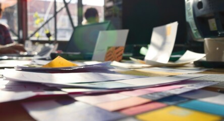 Cluttered desk with papers, laptop, and blurred figures in the background