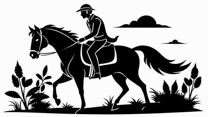 Fototapeta premium horse and rider black and white silhouette on white background