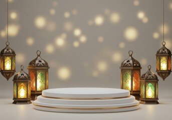 Beautifully lit lanterns and a white podium create a festive and elegant scene.