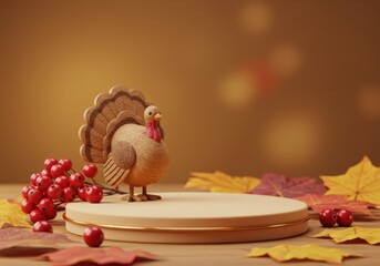 Wooden turkey stands on a podium surrounded by fall foliage and berries.
