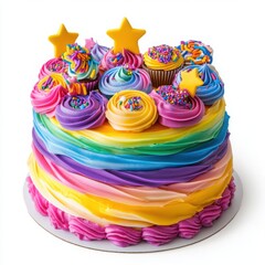 birthday cake featuring vibrant multi-colored frosting swirls, decorated with mini cupcakes, rainbow sprinkles, and fondant stars, isolated on a white background