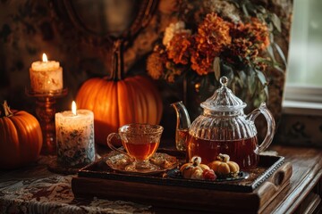 Cozy autumn still life with tea, candles, pumpkins and flowers creating warm atmosphere