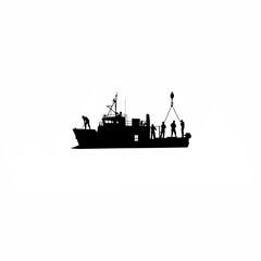 Obraz premium Silhouette of team unloading marine instruments from research vessel on white background