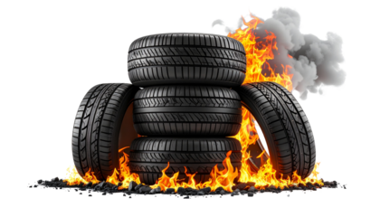 Burning tires create smoke and flames in an environmental hazard scene isolated on solid white background in Png