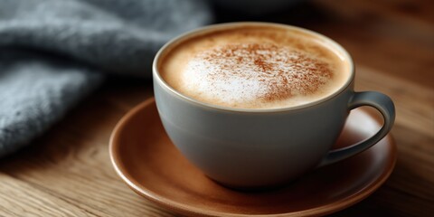 Obraz premium Warm cappuccino in ceramic cup on wooden table with cozy blanket in background