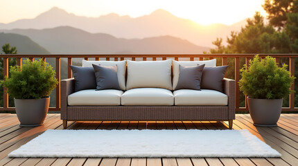 Outdoor lounge with modern wicker sofa, white rug and mountain view under pastel sky