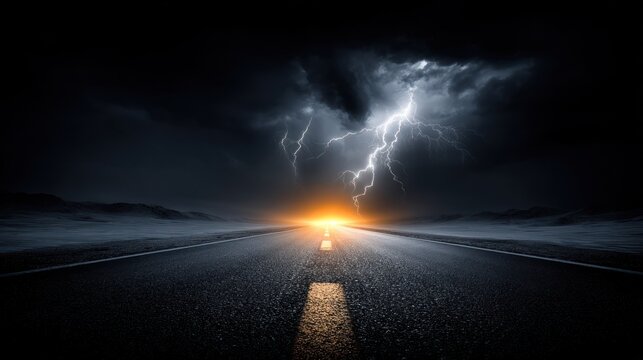 Dark asphalt road leading to a horizon lit by lightning strikes under stormy skies