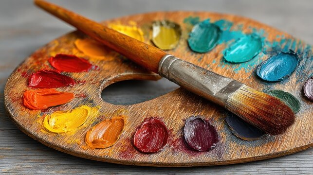 Colorful paint palette with a brush on a wooden surface