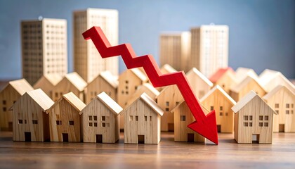 Red arrow points down amidst miniature houses and buildings, symbolizing a market downturn