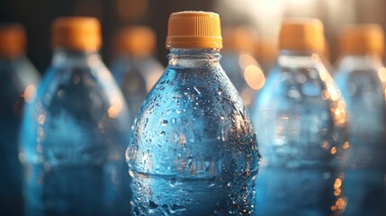 A close-up of a chilled plastic water bottle with condensation, one of many offering pure refreshment and hydration.
