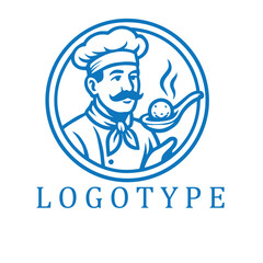 Classic emblem-style cartoon of a mustached chef serving bakso in a spoon, framed in a circular border