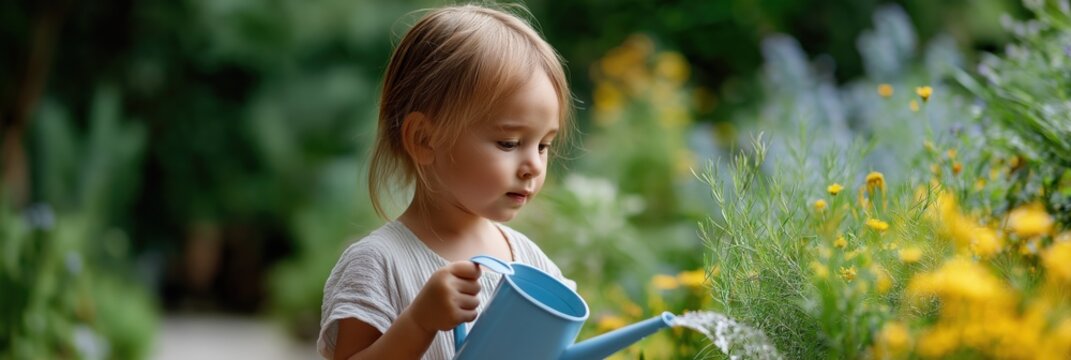 Young caucasian child watering garden with blue watering can in lush greenery