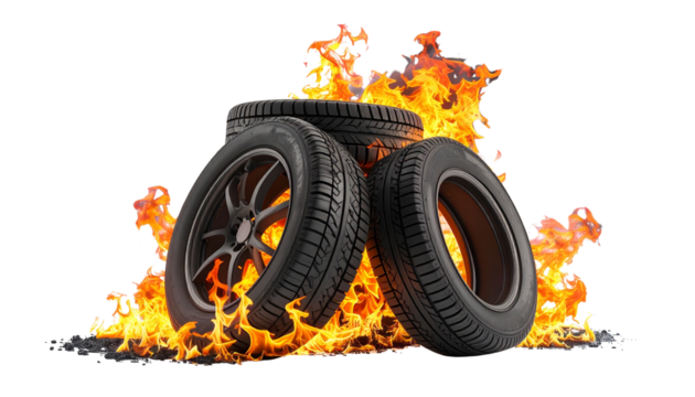 Burning tires create smoke and flames in an environmental hazard scene isolated on solid white background - Powered by Adobe