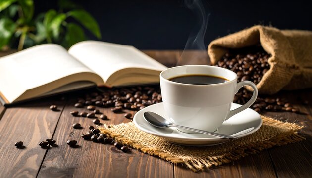 Steaming cup of coffee rests on a rustic wooden table next to an open book and burlap sack of beans