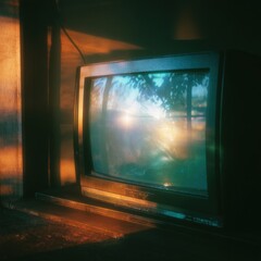 A window reflection captured on a darkened monitor screen.