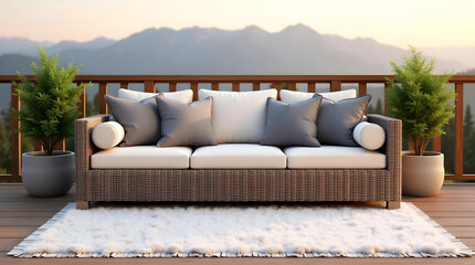 Outdoor lounge with modern wicker sofa, white rug and mountain view under pastel sky